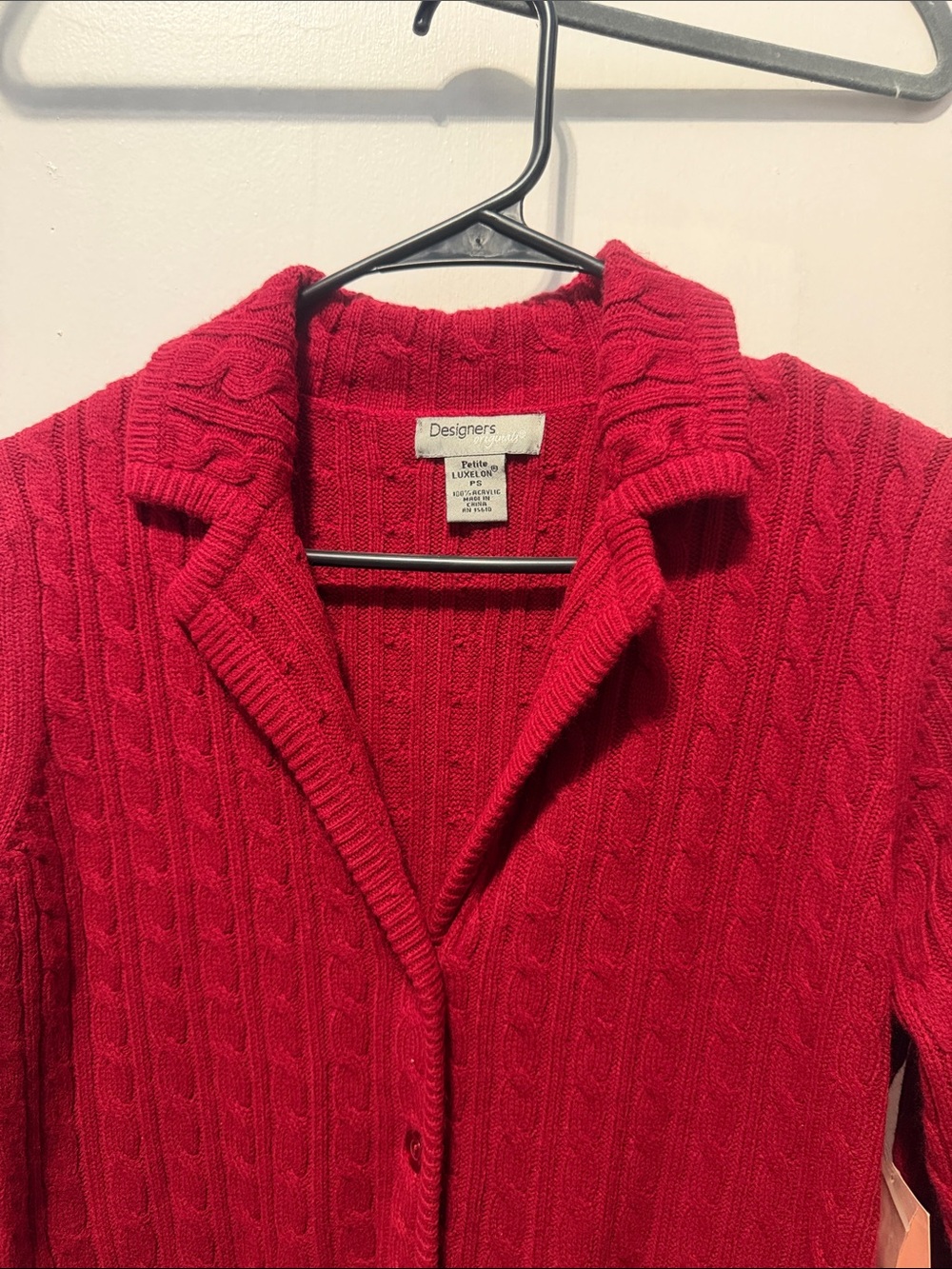 Petite Cable-Knit Red Cardigan with Collared Neck